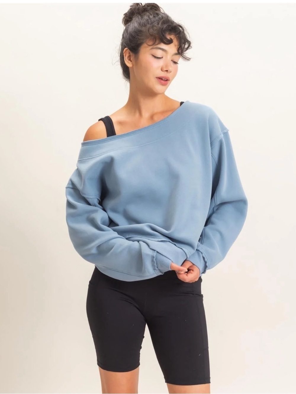 NEW Double Zero Dusty Blue Raw Edge Off Shoulder Sweatshirt – Medium